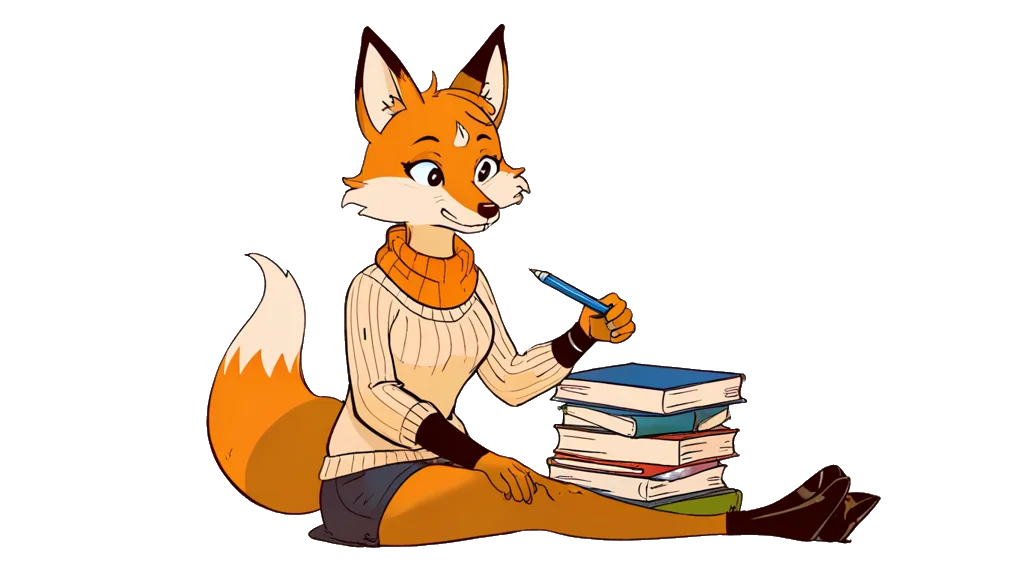 The fox note-taker, at a reading desk stacked with documents
