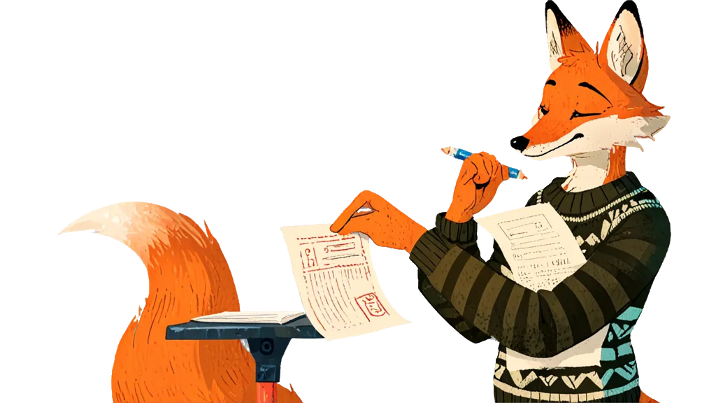 The fox note-taker, examining a stamped identity document through a lens