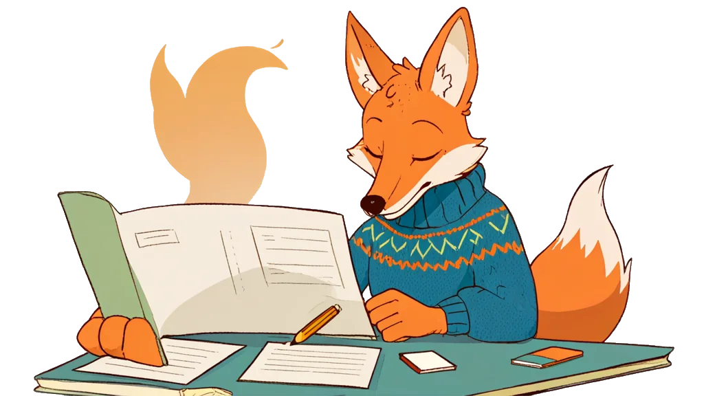 The note-taking fox at a reading desk stacked with documents