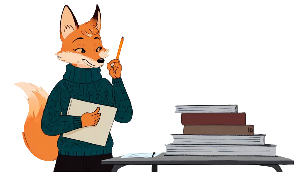 The fox note-taker, at a reading desk stacked with documents
