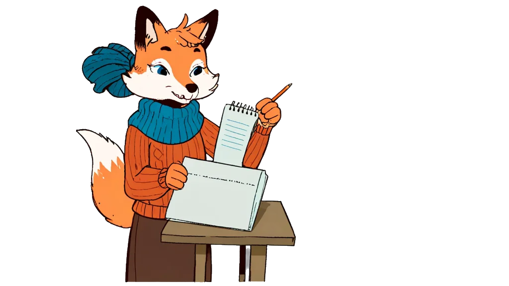 The fox note-taker, at a desk of sorted paperwork, rubber stamp in hand