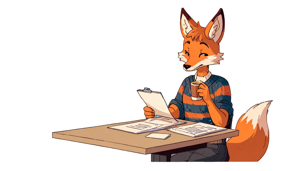 The fox note-taker, at a reading desk stacked with documents