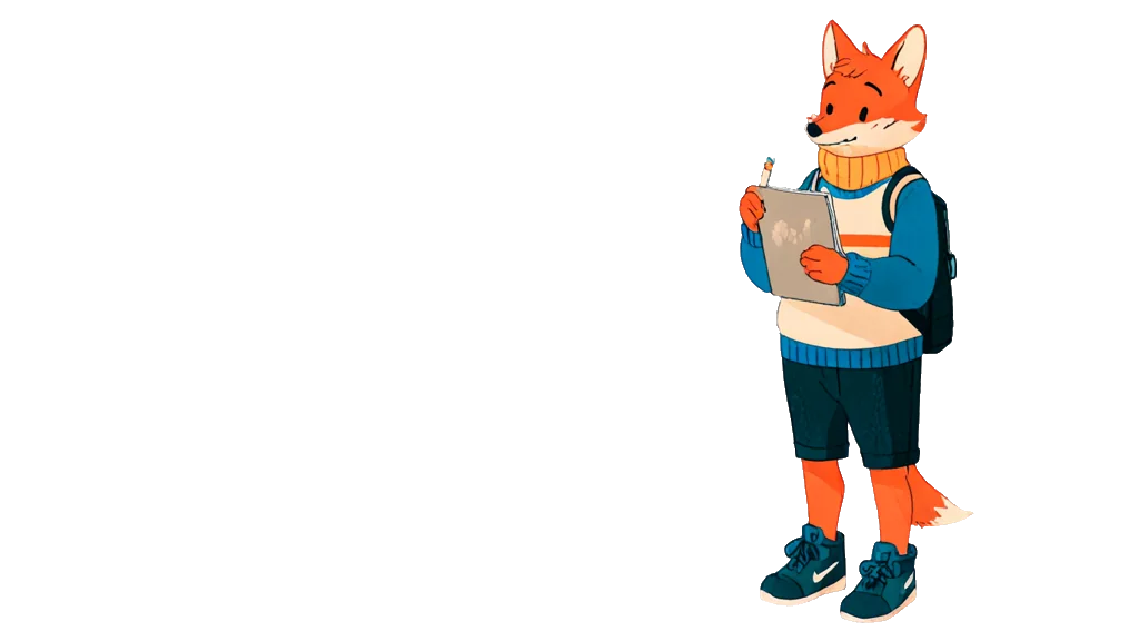 The fox note-taker, beside a large sand timer, watching it run