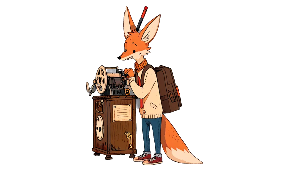 The fox note-taker, taking notes beside an old mechanical reel cabinet, back turned to it